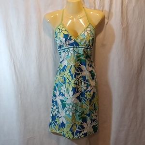 Y2K Size 7 Turquoise Blue Floral Print Halter Sundress Womens Made in USA